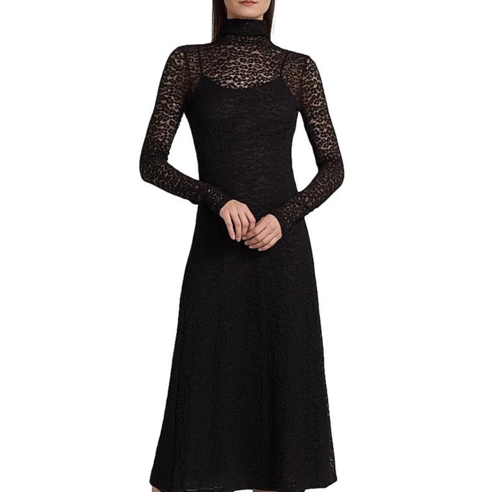 Ulla Johnson Talia Leopard Lace Turtleneck Midi Dress